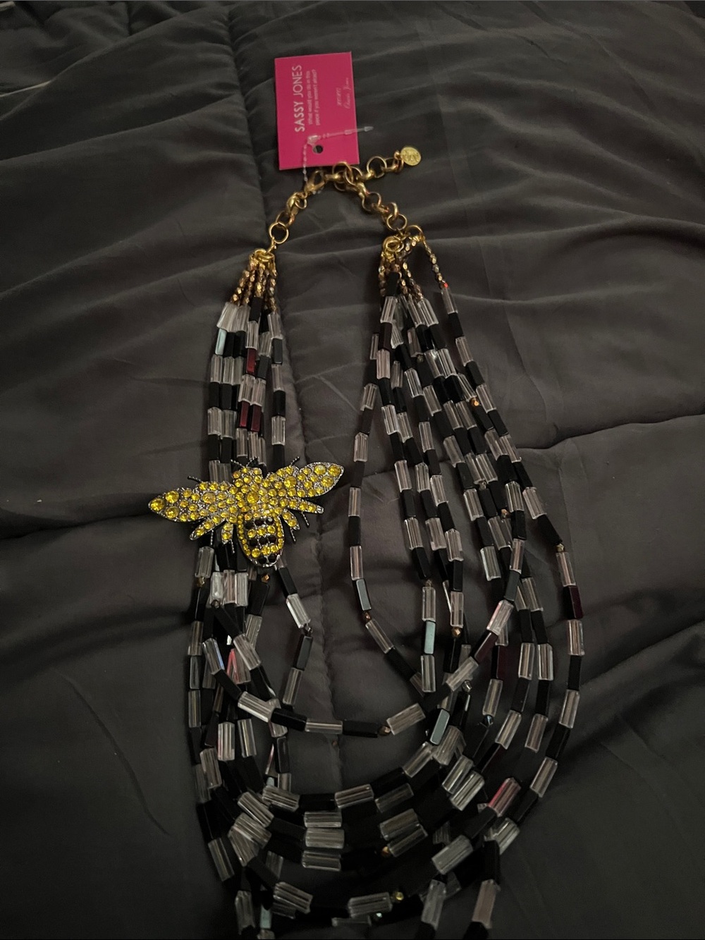 Sassy Jones Black and Yellow Multi-Strand Beaded Necklace with Bee Charm